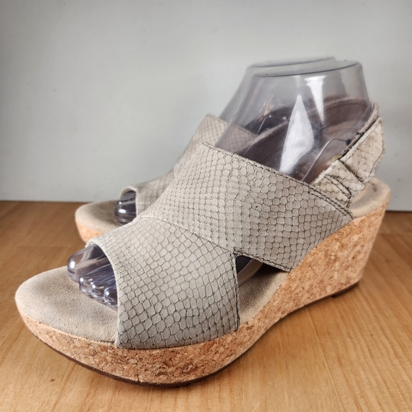 Clarks Shoes - Clarks Sandals Women's 8.5 Gray Wedge Annadel Sky Nubuck Sling Back Shoe